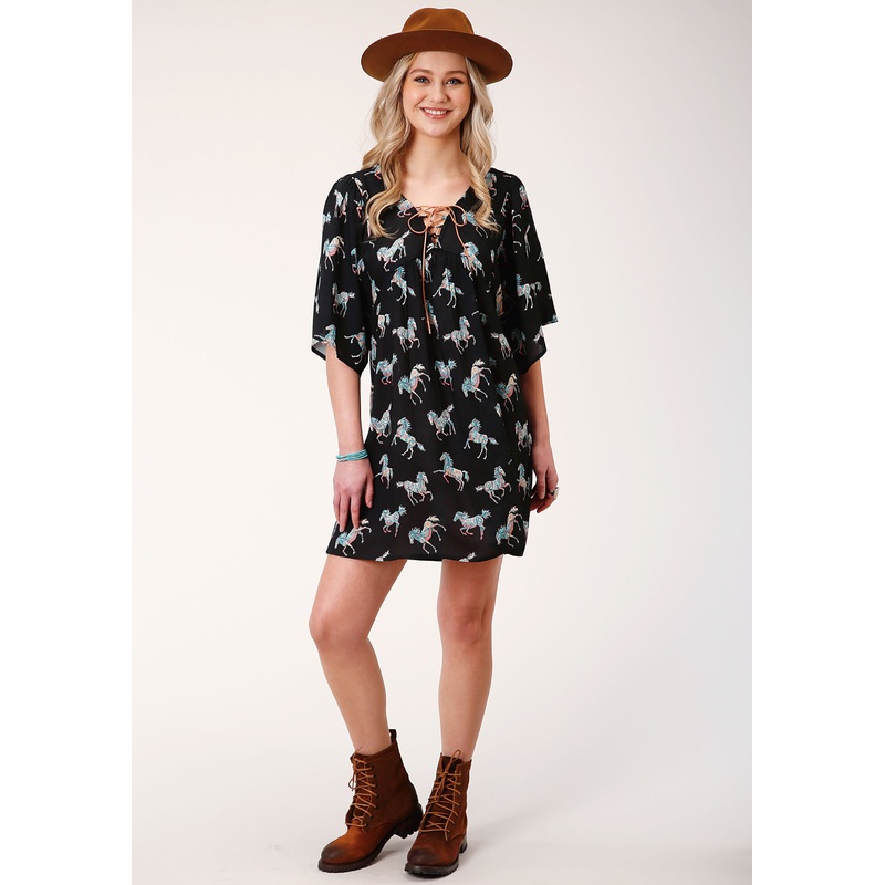 WOMENS SHORT SLEEVE WILD HORSE PRINT RAYON DRESS XS