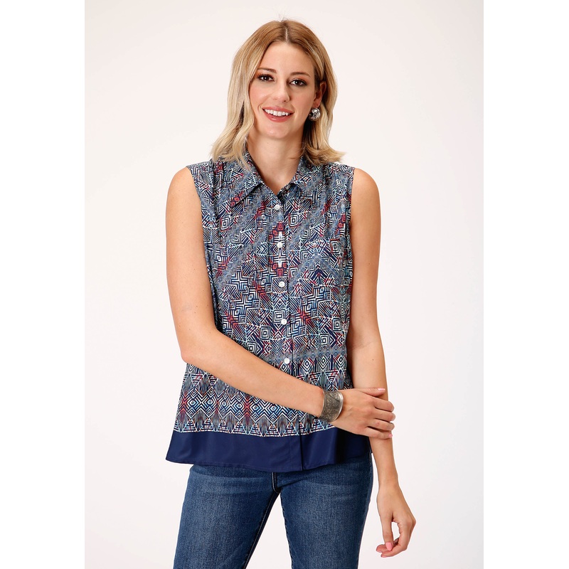 Womens Sleeveless  Poly Crepe Tribal Border Print Blouse XS