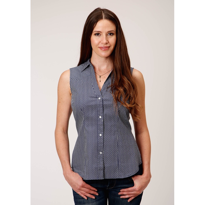 Womens Sleeveless Snap Arrow Roper Print  Navy Western Shirt XS