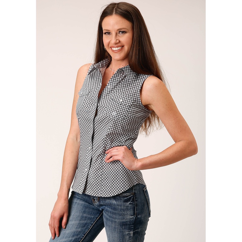 Womens Sleeveless Snap Diamond Star Geo  Grey Western Shirt XS