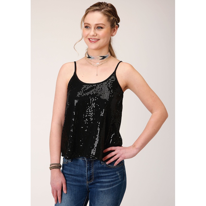 Womens Sleeveless  Solid Black Sequin Cami Blouse XS