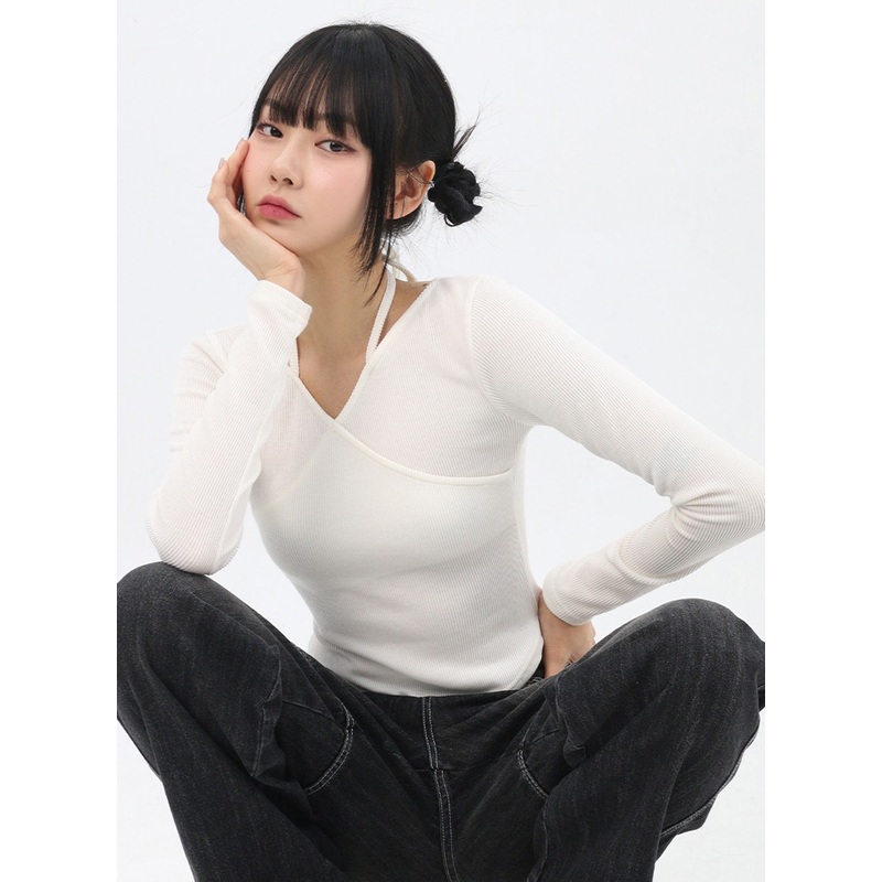 Wrap Halter Neck Slim Fit Tee IN310 White S/M