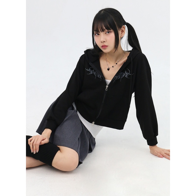 Zip-Up Graphic Crop Hoodie IN314 Black S/M