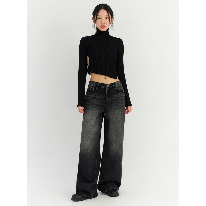 Back Slit Washed Wide Leg Jeans CN306 Black S