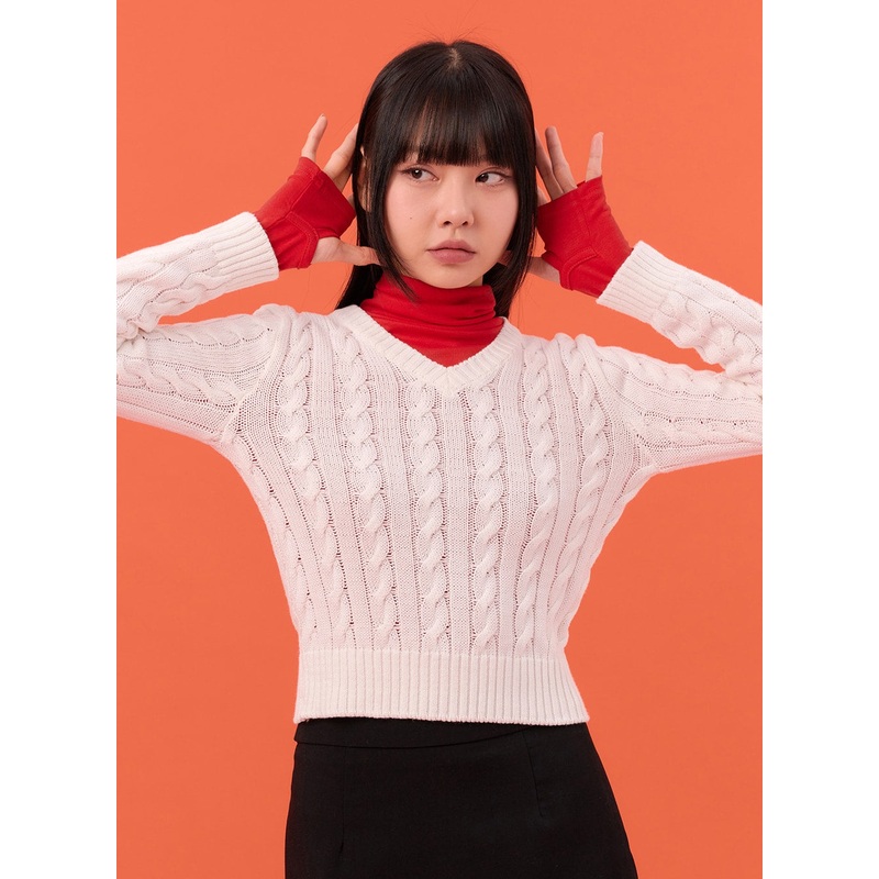 Cable Knit V-Neck Sweater IN301 White S