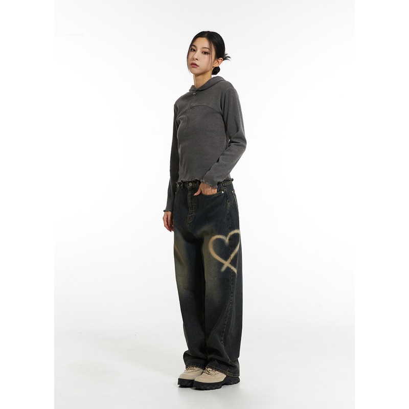 Heart-Bleached Wide Leg Jeans IN308 Dark blue S