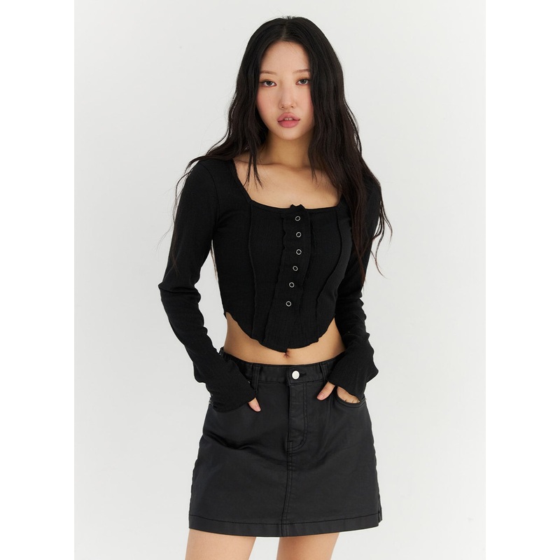 Long Sleeve Square Neck Crop Tee CN303 Black S/M