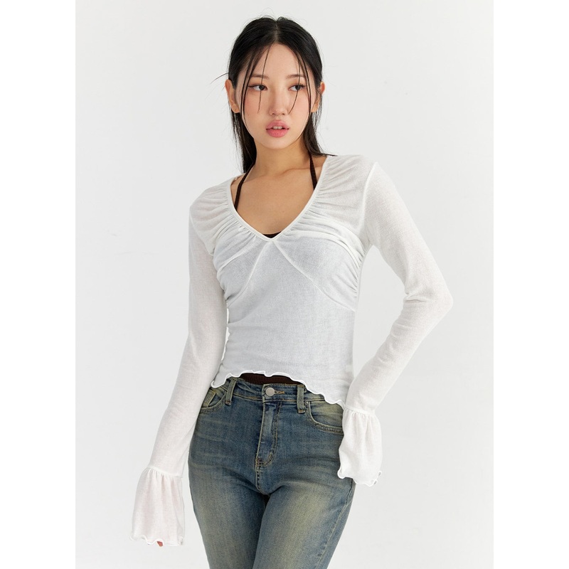 Mesh V-Neck Shirred Crop Top CO327 Light beige S/M