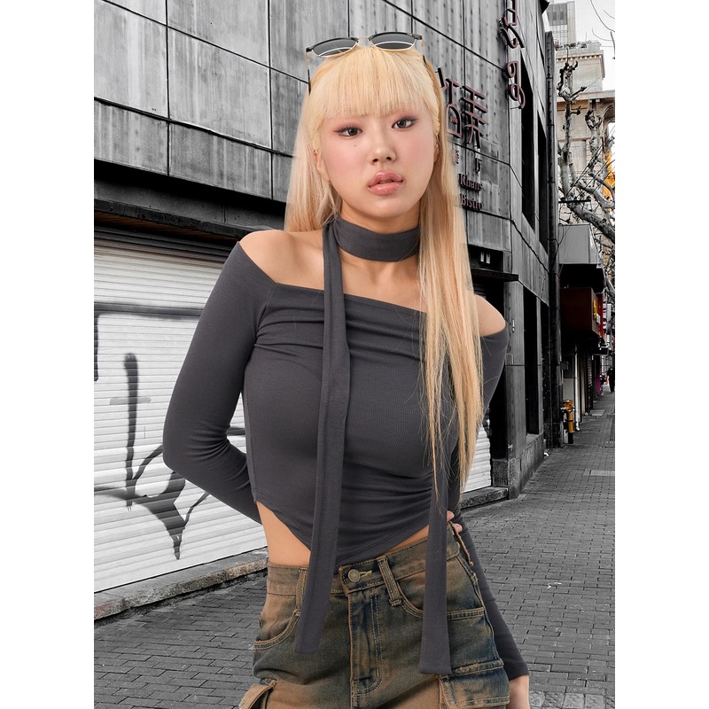 Off-Shoulder Skinny Scarf Set IN301 Dark gray S/M
