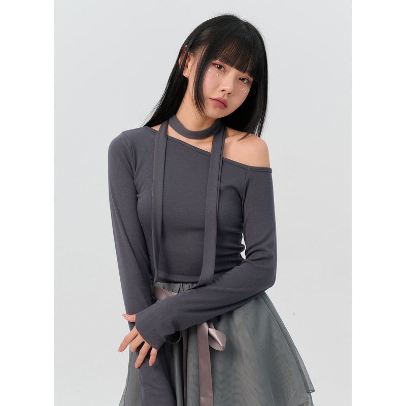 One-Shoulder Tee and Scarf Set IN301 Dark gray S/M