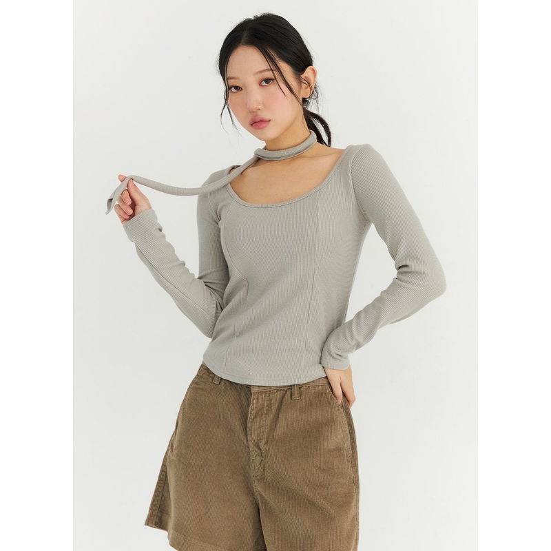 Slim Fit U-Neck Long Sleeve Top with Scarf CN303 Light gray S/M