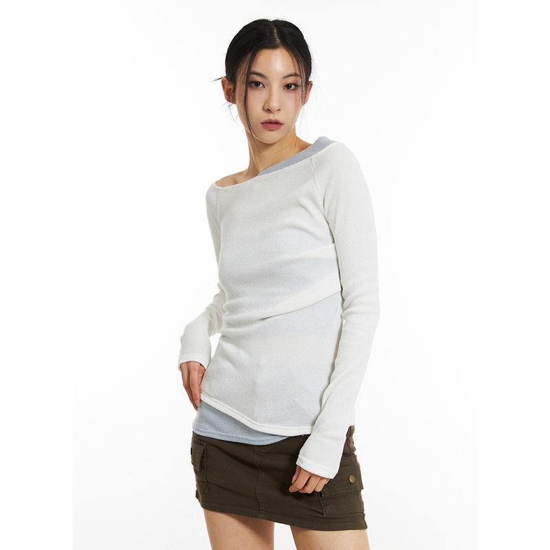 Soft Off-Shoulder Long Sleeve Tee IN308 White S/M