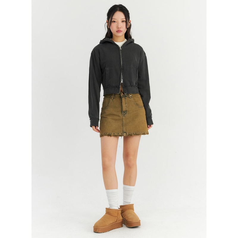 Washed Destroyed Denim Mini Skirt CN303 Dark beige S