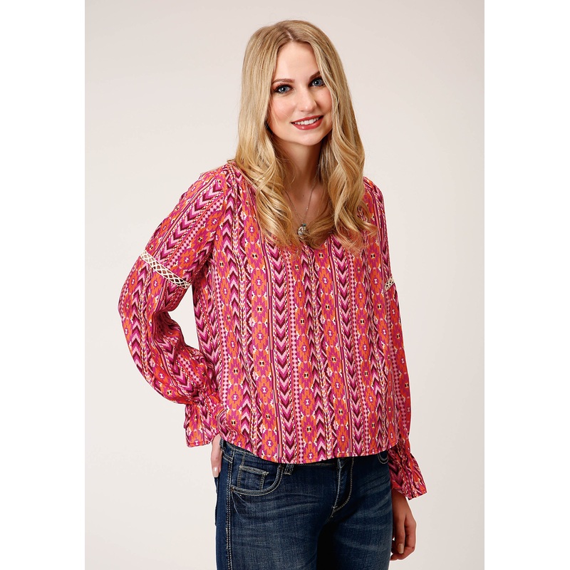 Womens Long Sleeve Aztec Print Rayon Peasant Blouse XS