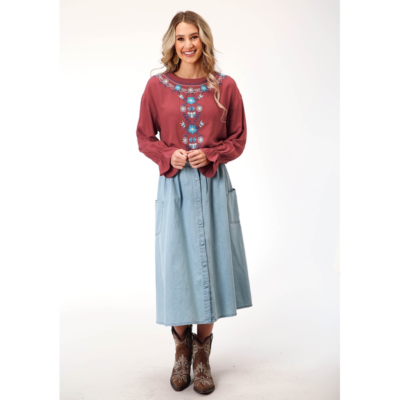 Womens Long Sleeve Barn Red Solid Rayon  Blouse XS