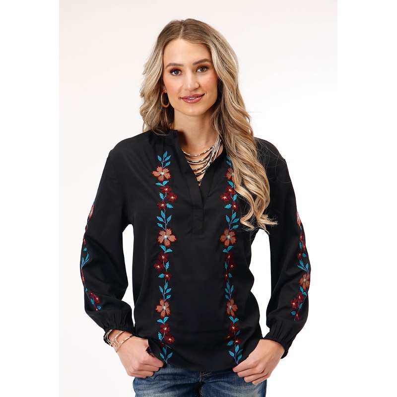 Womens Long Sleeve Black Poly Vneck Peasant  Blouse XS
