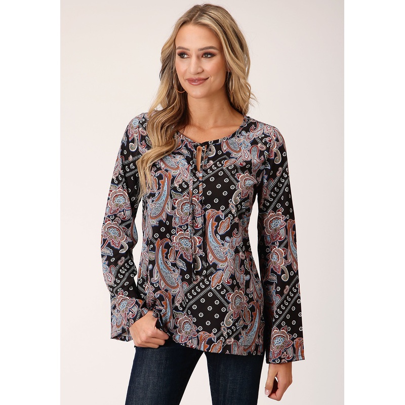 Womens Long Sleeve Boho Paisley Print Poly Crepe Blouse XS