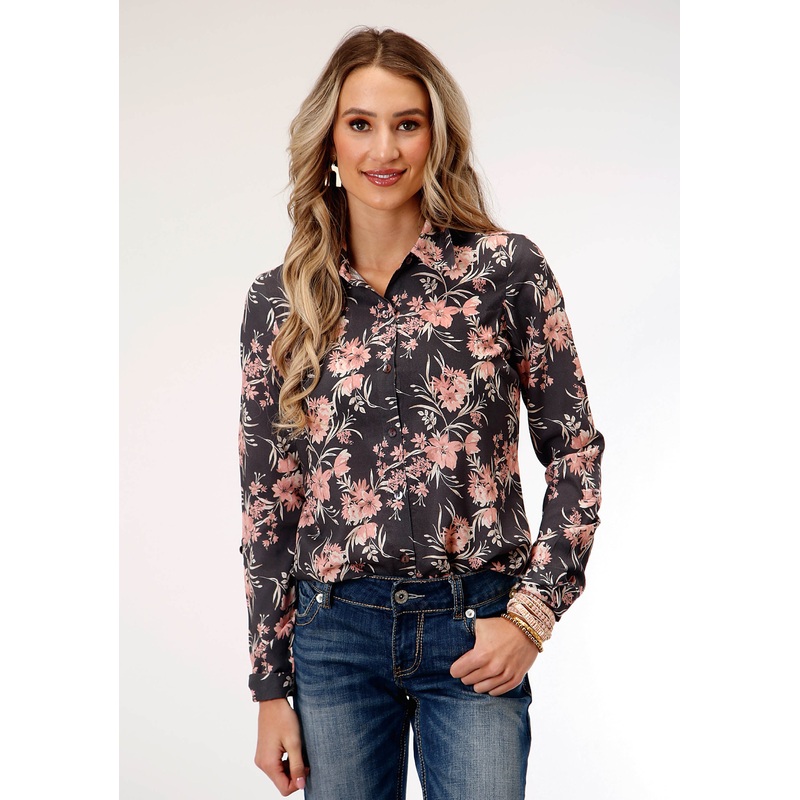 Womens Long Sleeve Coral Floral Print Western Shirt Blouse XS