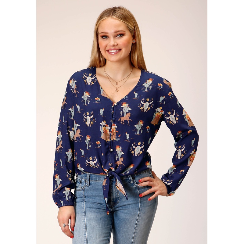 Womens Long Sleeve Cowboy Print Rayon  Blouse XS