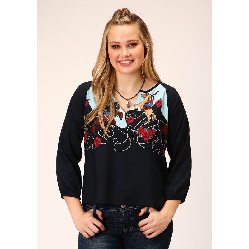 Womens Long Sleeve Cowgirl Border Printed Rayon Blouse XS