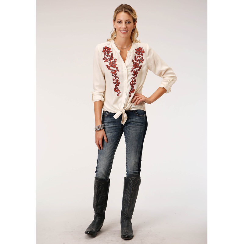 Womens Long Sleeve Cream Solid Rayon Challis Blouse XS