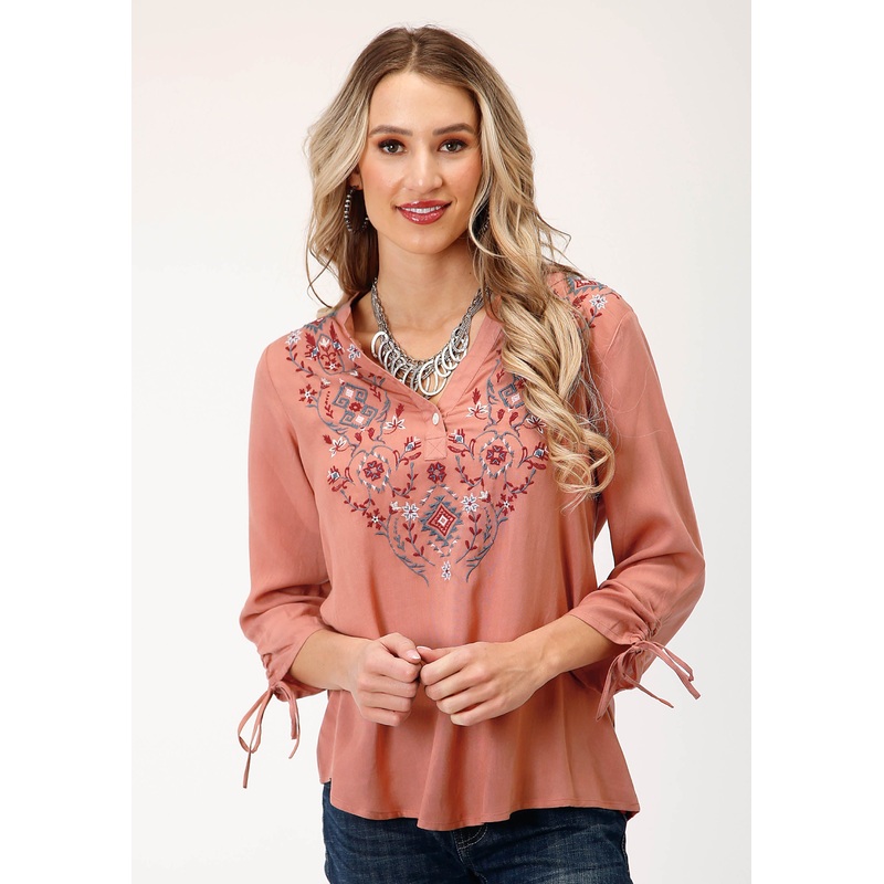 Womens Long Sleeve Dk Coral Solid Rayon Peasant Blouse XS