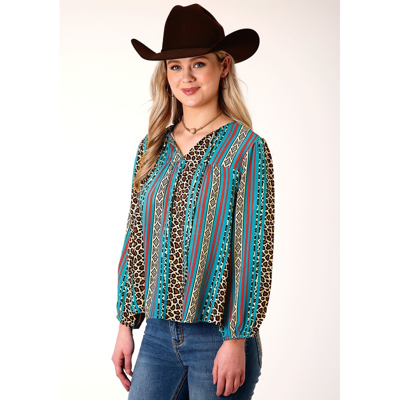 Womens Long Sleeve Leopard Stripe Print Rayon Blouse XS