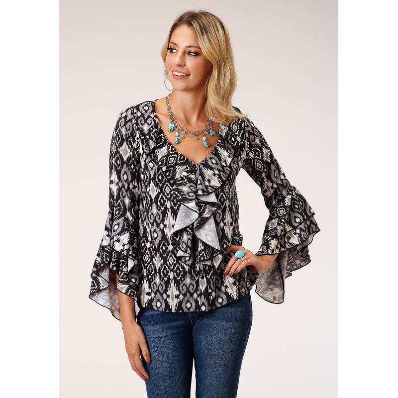 Womens Long Sleeve Poly Crepe  Blouse With Ruffles XS