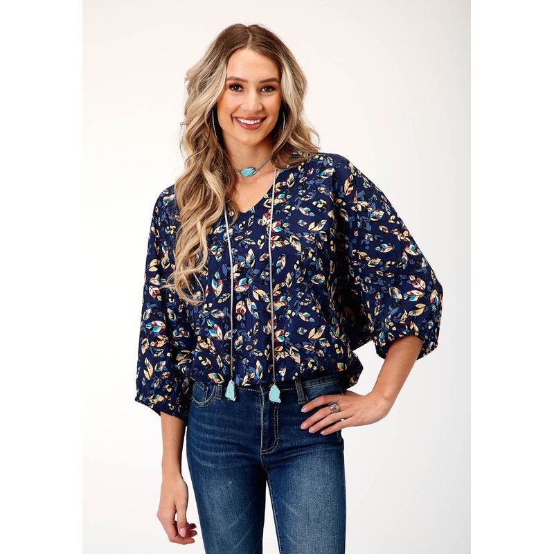 Womens Long Sleeve Poly Crepe Feather Foliage Print Blouse XS