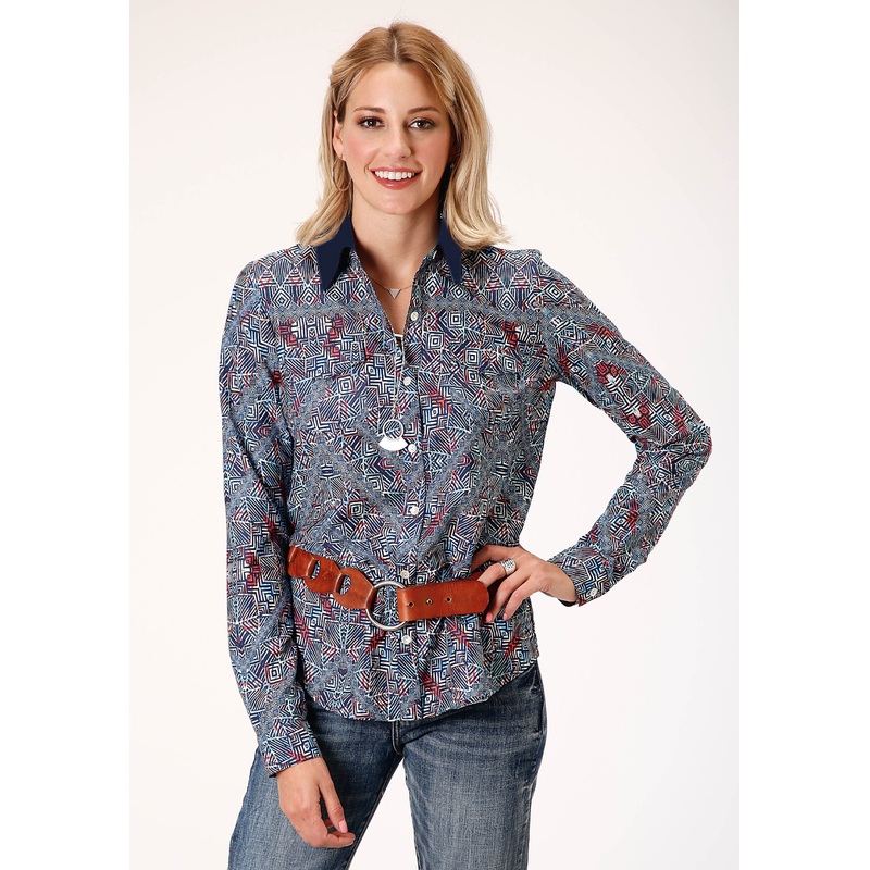 Womens Long Sleeve Poly Crepe Tribal Border Print Blouse XS