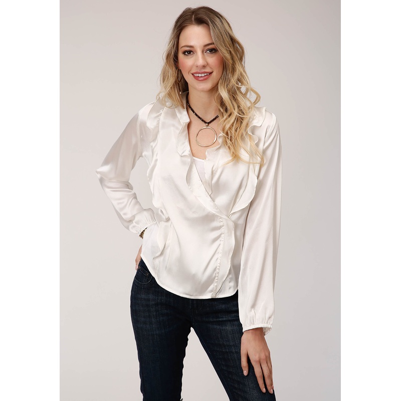 Womens Long Sleeve Poly Satin Wrap Front  Blouse XS