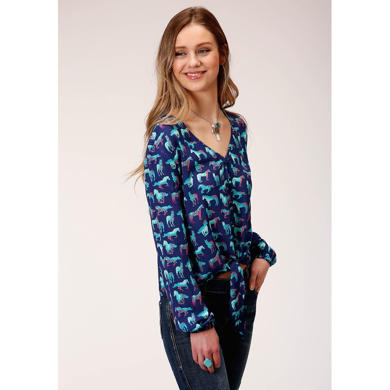 Womens Long Sleeve Print Rayon Long Sleeve   Blouse XS