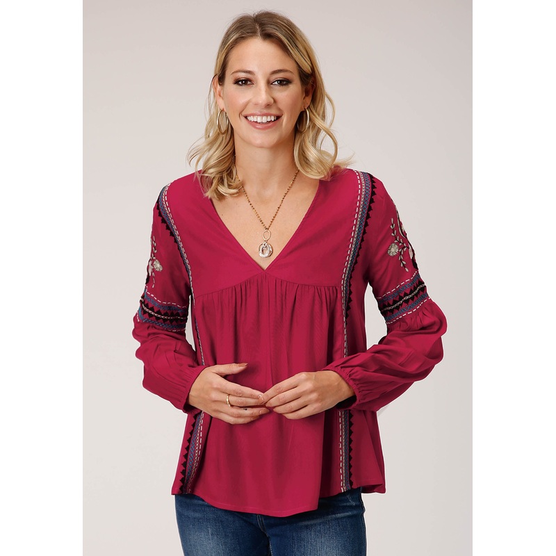 Womens Long Sleeve Raspberry Solid Rayon Challis Blouse XS