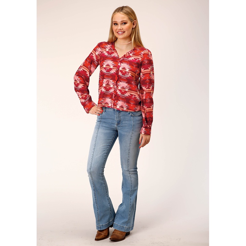 Womens Long Sleeve Rayon Aztec Print Blouse XS