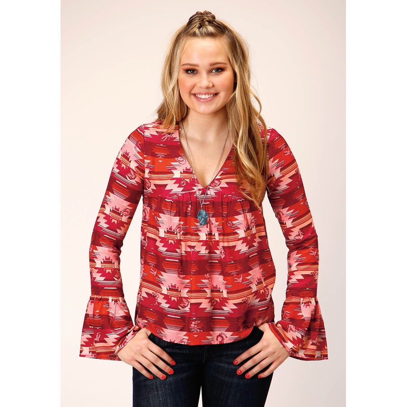 Womens Long Sleeve Rayon Aztec Print Peasant Blouse XS