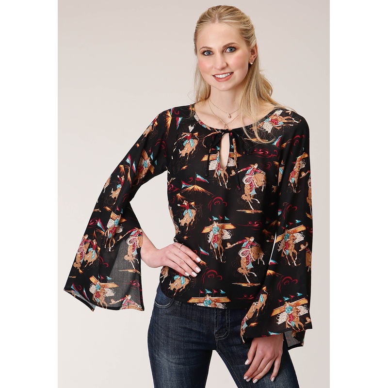 Womens Long Sleeve Retro Rodeo Print Flowy Blouse XS