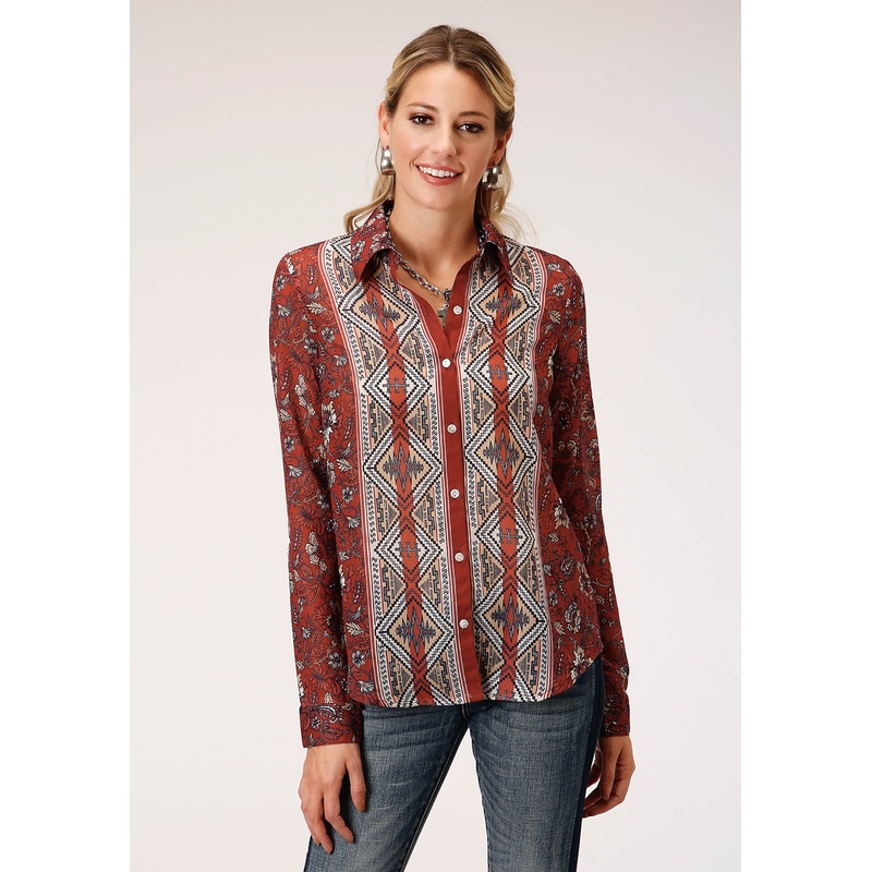 Womens Long Sleeve Rust Floral Border Print  Blouse XS