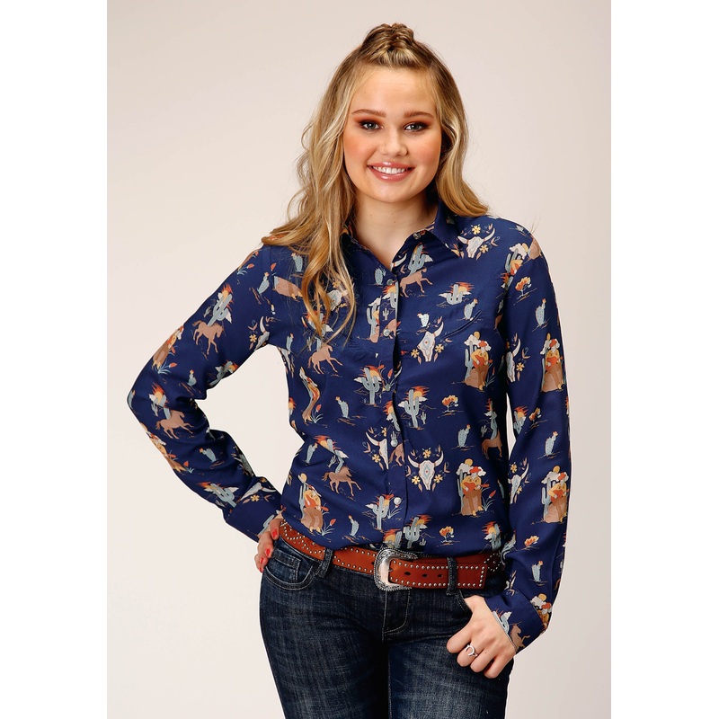 Womens Long Sleeve Snap  Cowboy Print Rayon  Western Shirt XS
