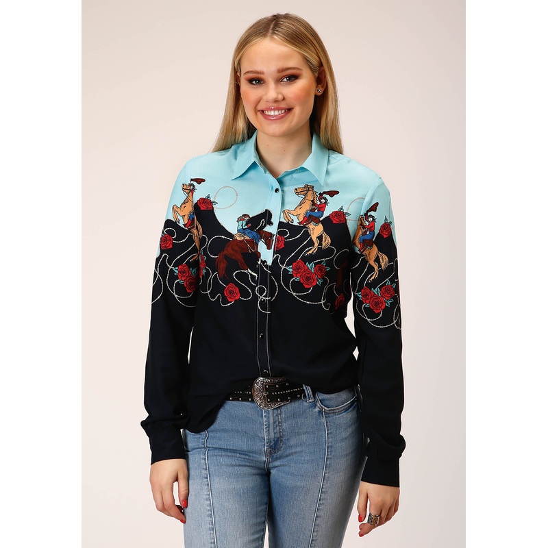 Womens Long Sleeve Snap  Cowgirl Border Printed Rayon Western Shirt XS