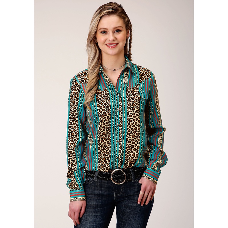 Womens Long Sleeve Snap  Leopard Stripe Print Rayon Western Shirt XS