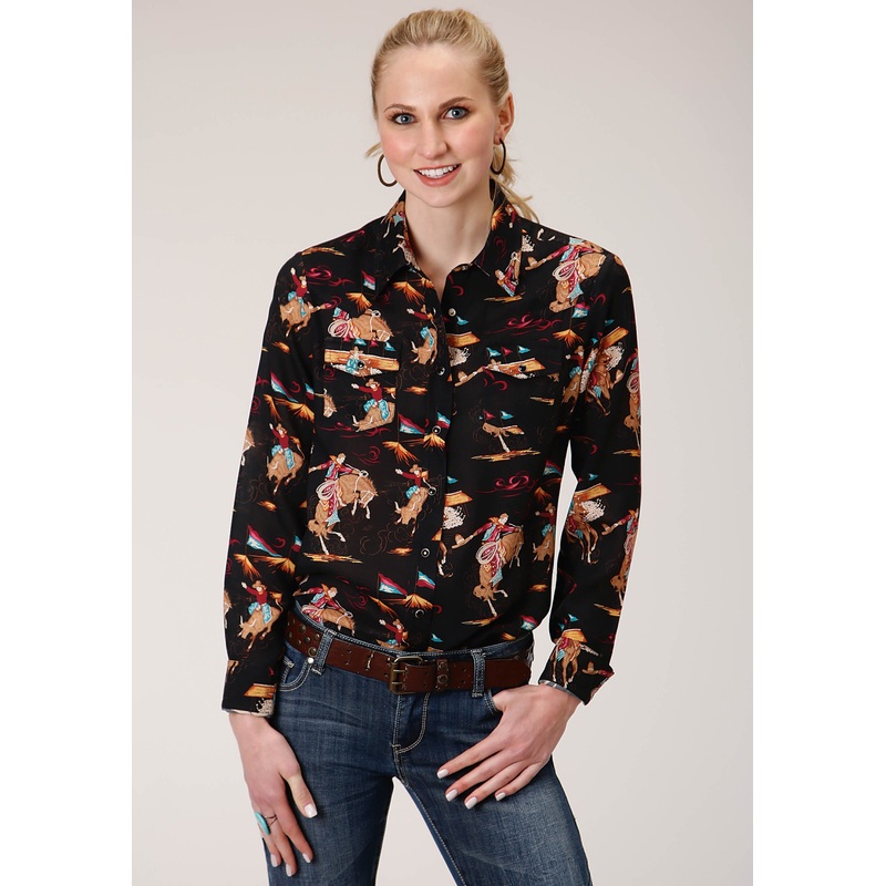 Womens Long Sleeve Snap  Retro Rodeo Print Western Shirt Western Shirt XS