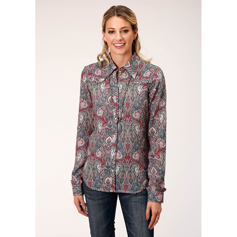 Womens Long Sleeve Snap  Sage Paisley Print Rayon Shirt Western Shirt XS