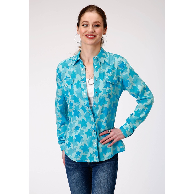 Womens Long Sleeve Snap  Star Printed Rayon  Western Shirt XS