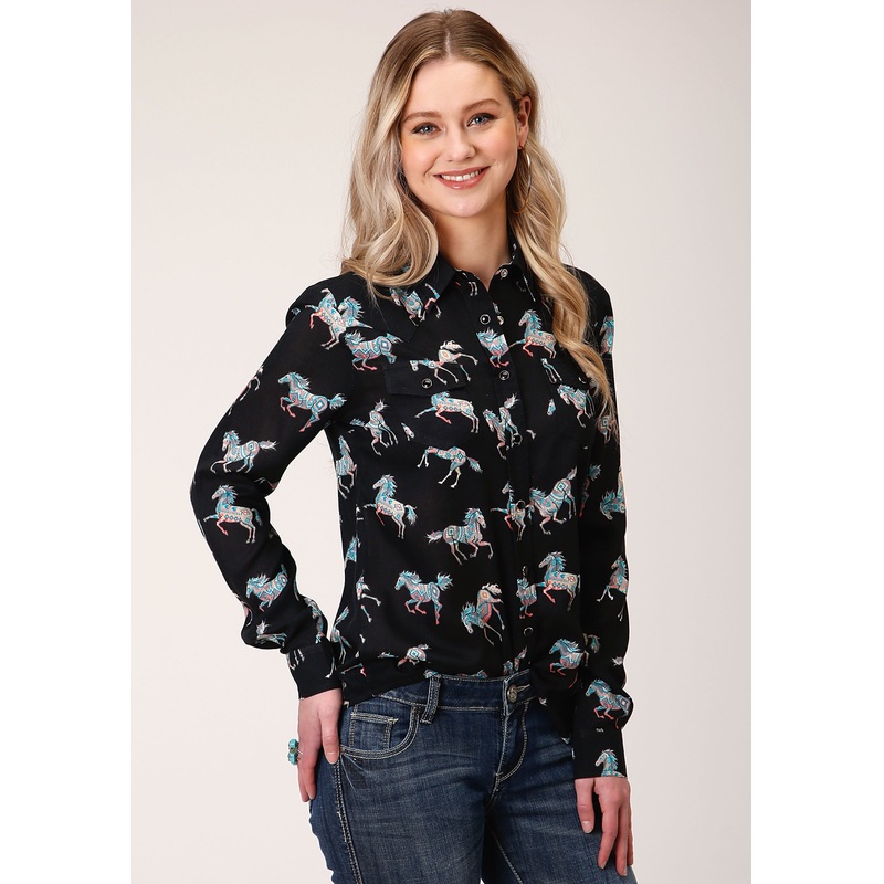 Womens Long Sleeve Snap  Wild Horse Print Rayon Long Sleeve   Western Shirt XS