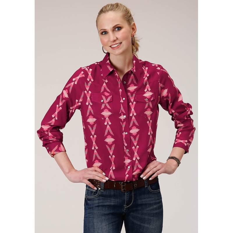 Womens Long Sleeve Snap Wine Aztec Print Western Western Shirt XS