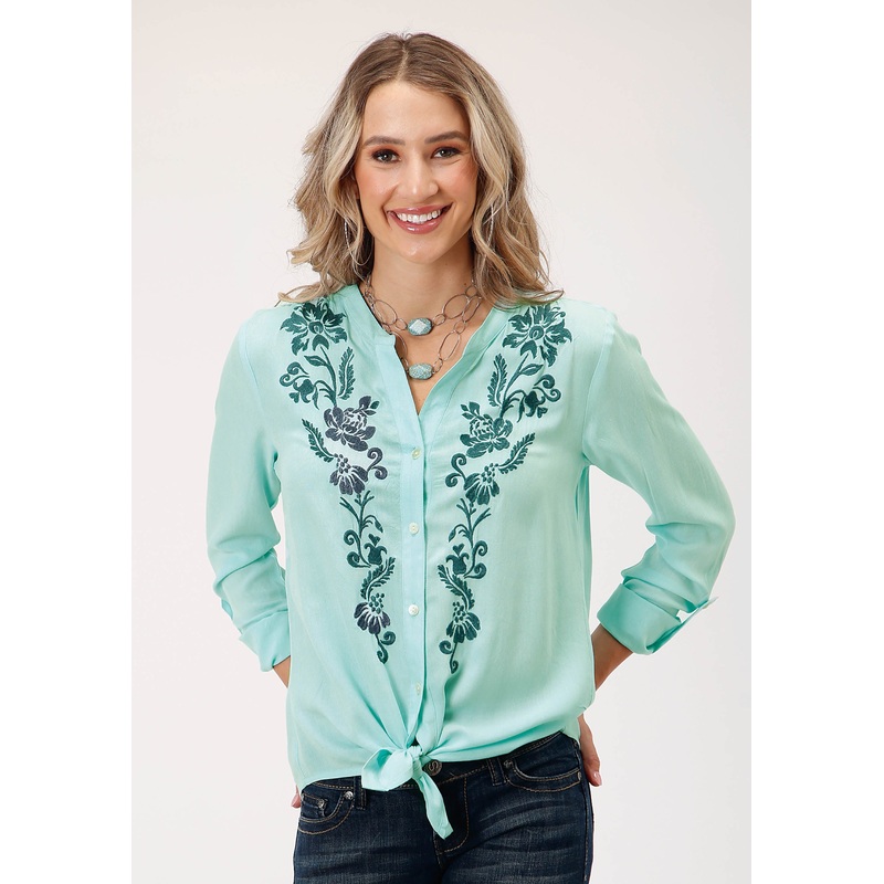 Womens Long Sleeve Solid Aqua Rayon  Blouse XS