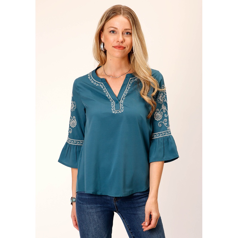 Womens Long Sleeve Solid Teal Poly Peasant  Blouse XS
