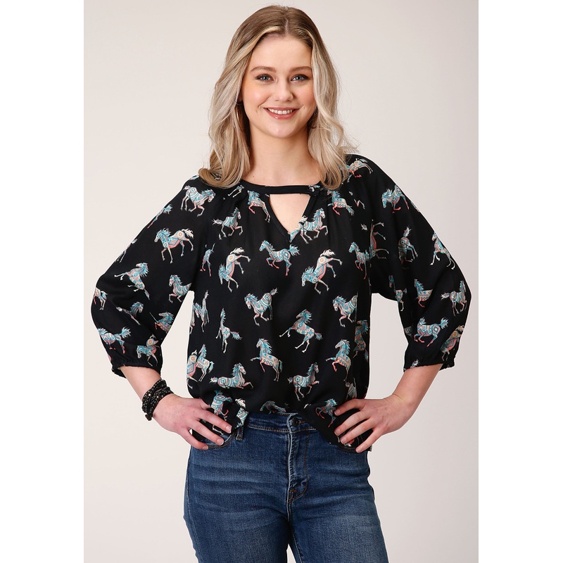 Womens Long Sleeve Wild Horse Print Rayon Long Sleeve  Blouse XS