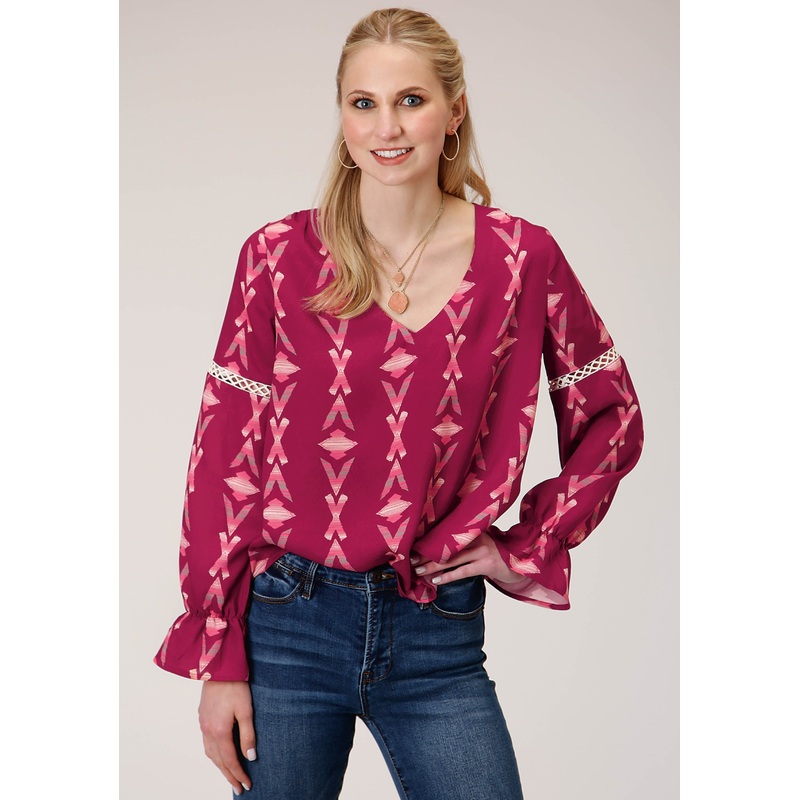 Womens Long Sleeve Wine Aztec Print Peasan Blouse XS