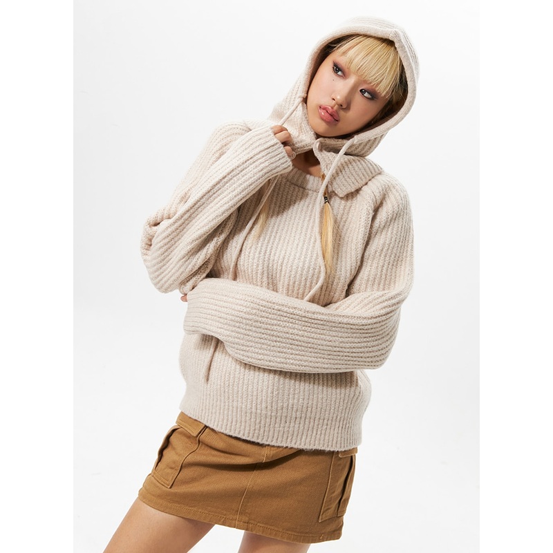 Chunky Sweater and Balaclava Set IO324 Light beige S/M
